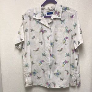 Karen Scott Sport Woman 1X Cotton Button Up Butterfly Blouse Top Off White